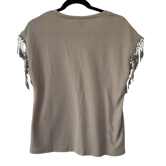 Emery Rose Boho Sleeveless Top Womens Sz M Tan Waffle Knit Crocheted Tassled - Picture 2 of 8